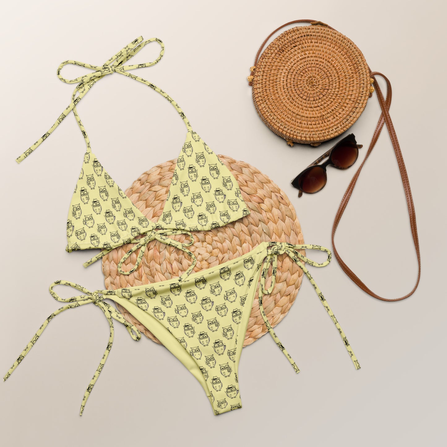 Owl-Themed All-Over Print Recycled String Bikini – Eco-Friendly Fashion Dudeily