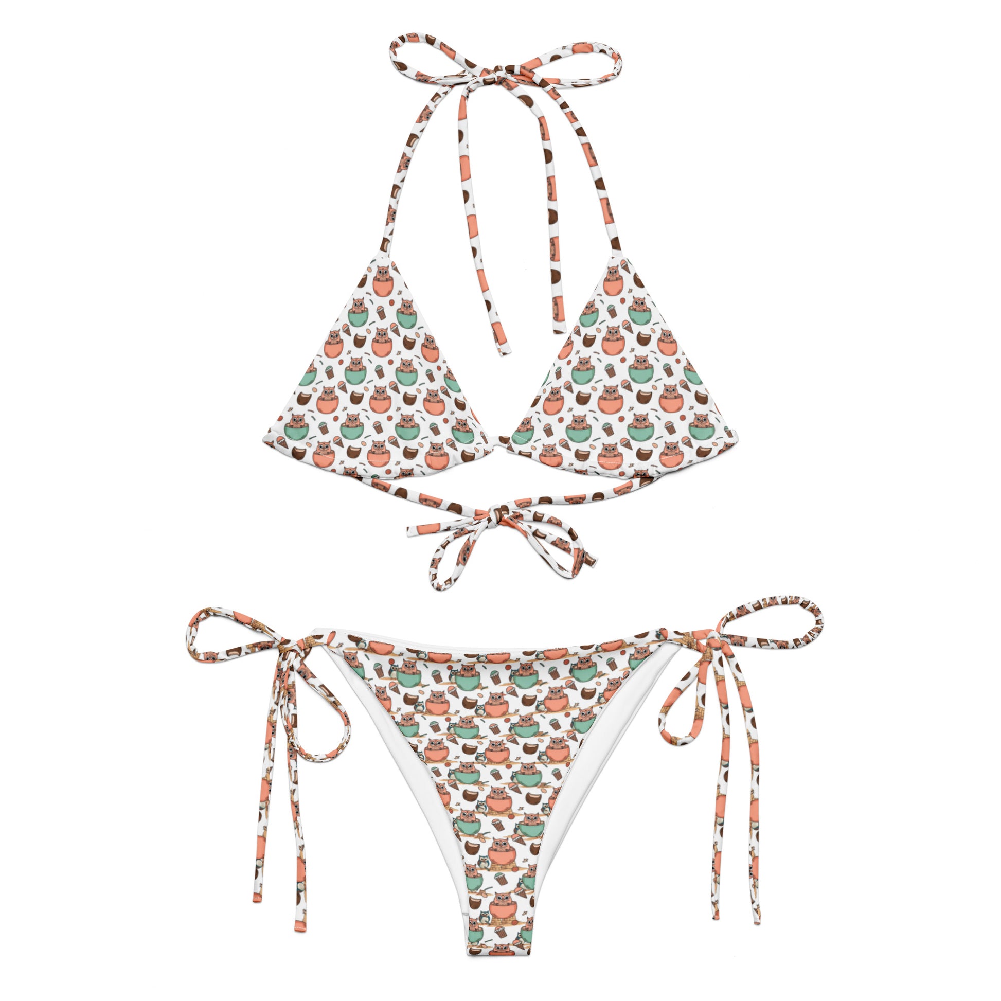 Wise Shores Recycled String Bikini – Owl-Themed All-Over Print Swimwear for Sustainable Living 6XL Dudeily