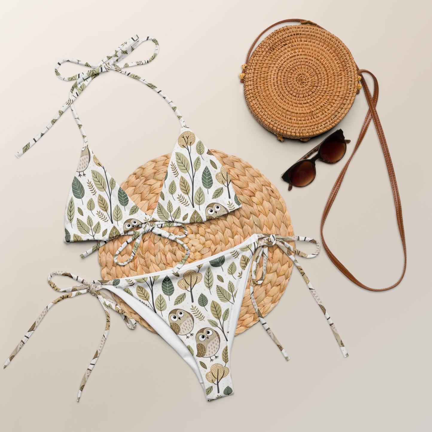 Owl-Themed All-Over Print Recycled String Bikini – Eco-Friendly Swimwear Sustainable Fashion USA Dudeily