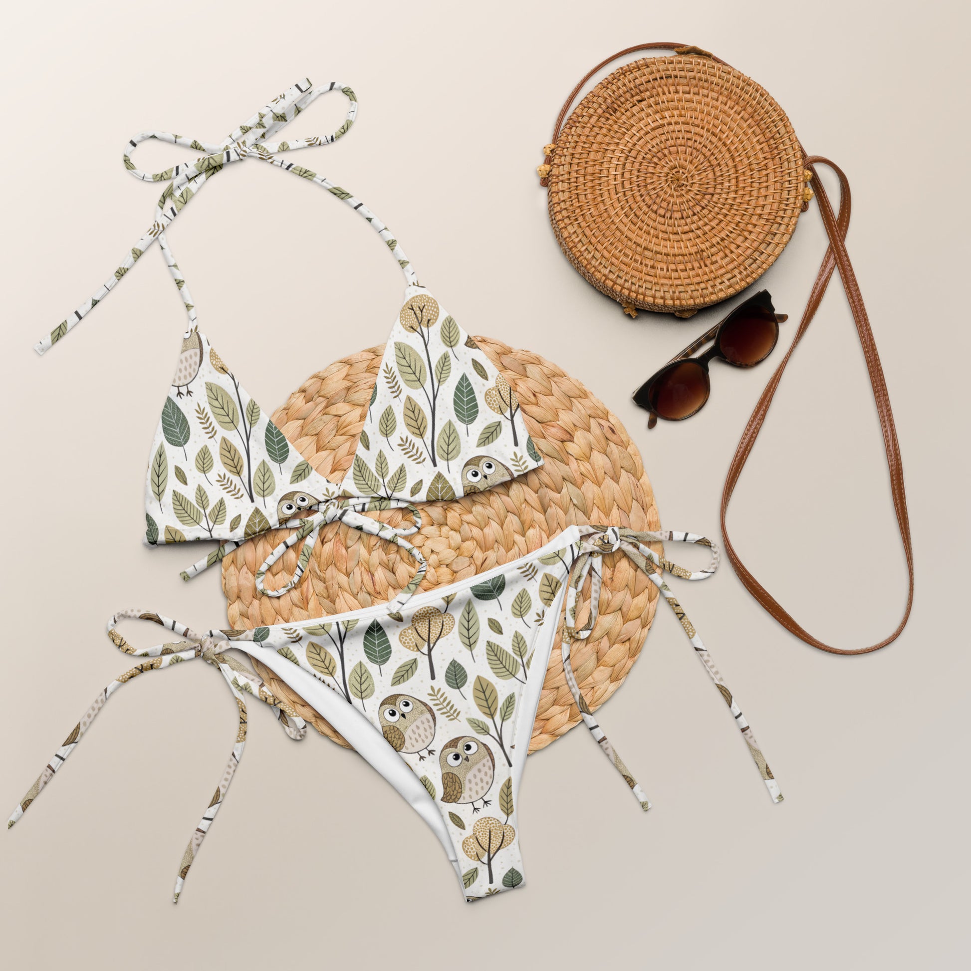 Owl-Themed All-Over Print Recycled String Bikini – Eco-Friendly Swimwear Sustainable Fashion USA Dudeily