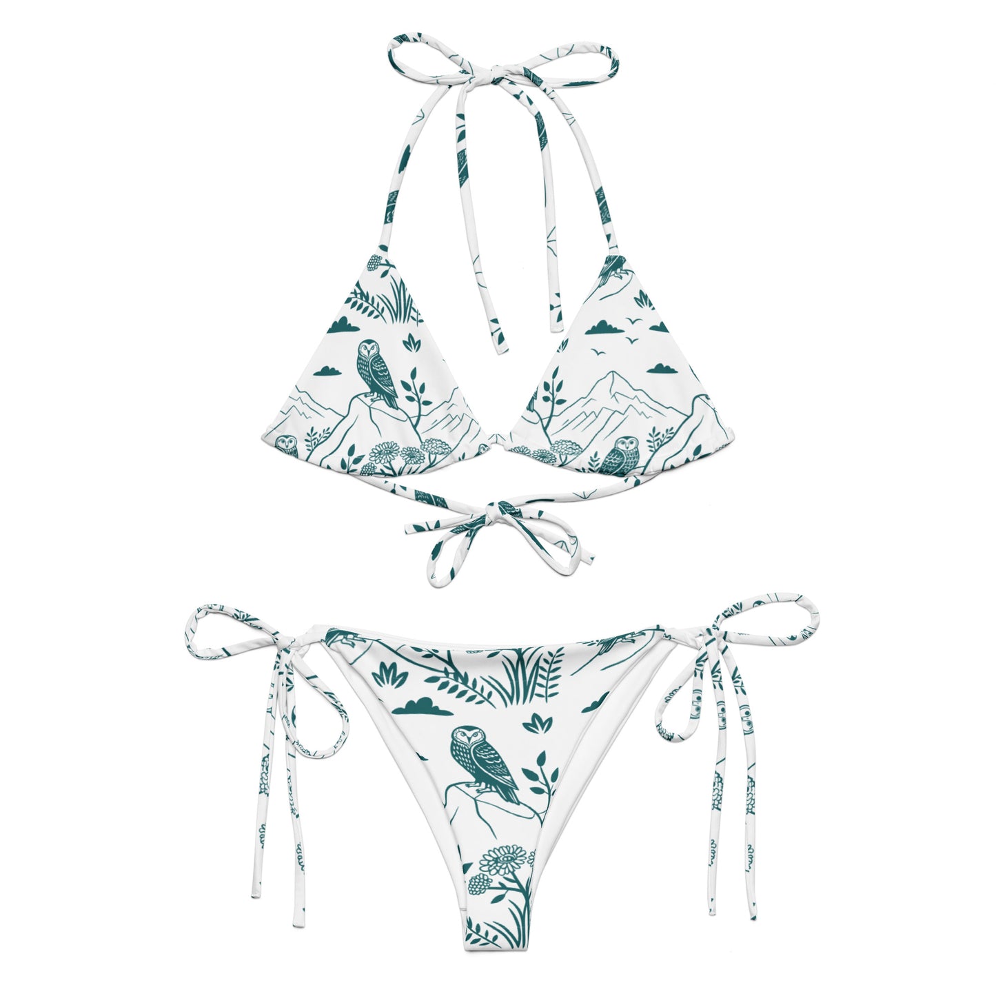 Owl-Themed All-Over Print Recycled String Bikini – Sustainable Swimwear for Eco-Friendly Adventurers 6XL Dudeily