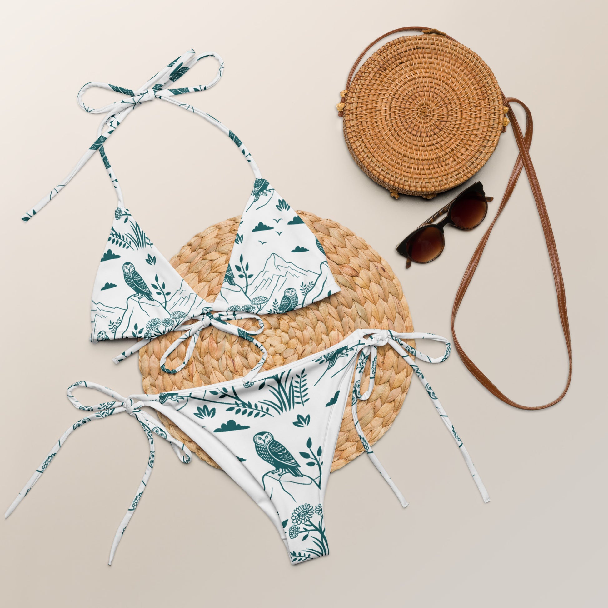 Owl-Themed All-Over Print Recycled String Bikini – Sustainable Swimwear for Eco-Friendly Adventurers Dudeily