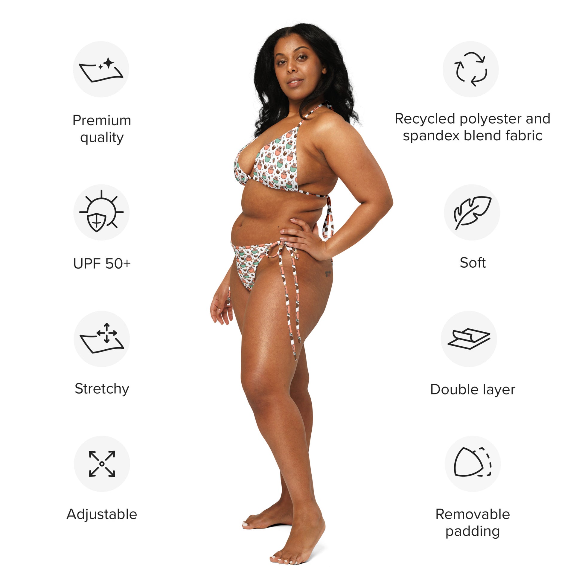 Wise Shores Recycled String Bikini – Owl-Themed All-Over Print Swimwear for Sustainable Living Dudeily