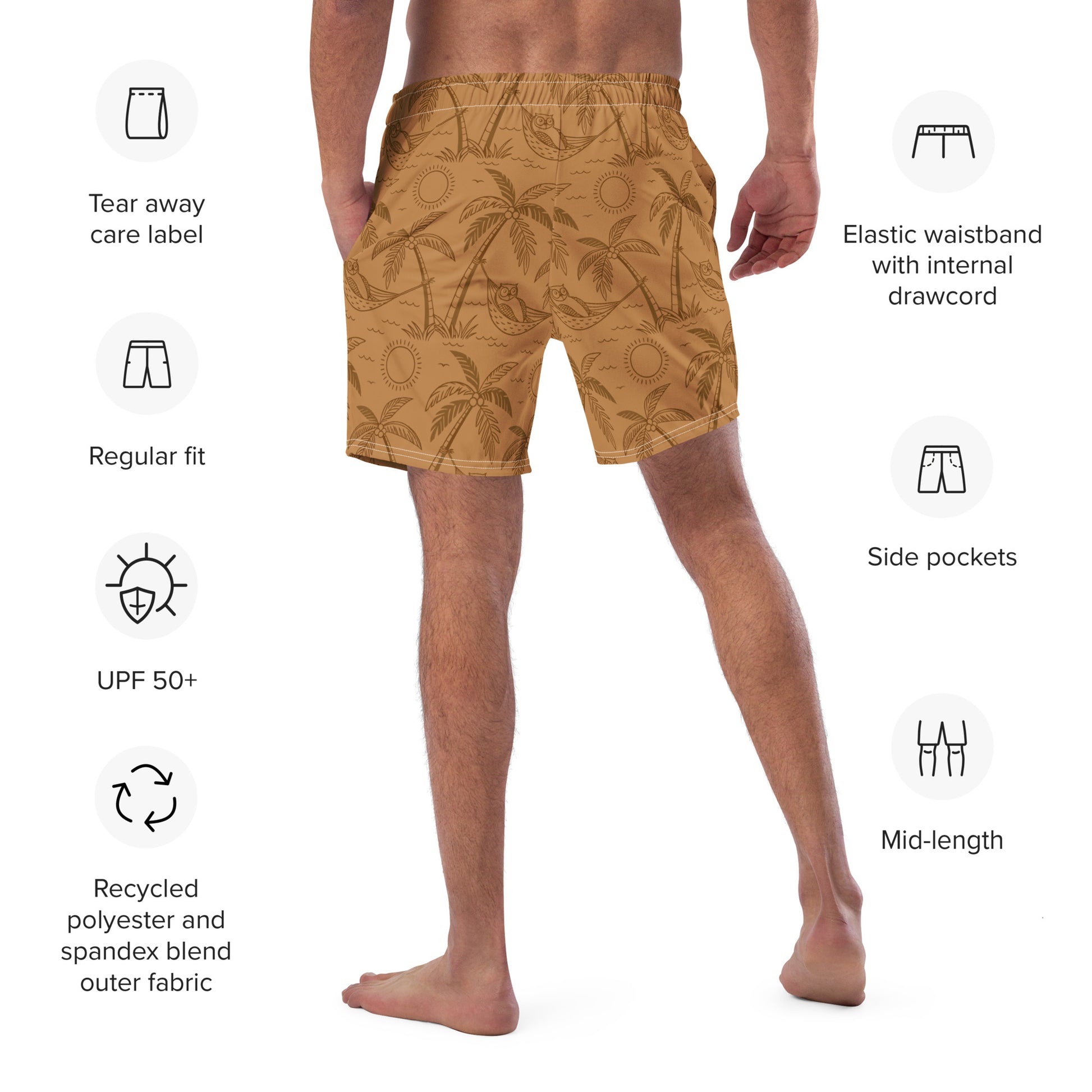 Owl-Themed Recycled Swim Trunks – Eco-Friendly Beachwear for Nature-Loving Men Dudeily