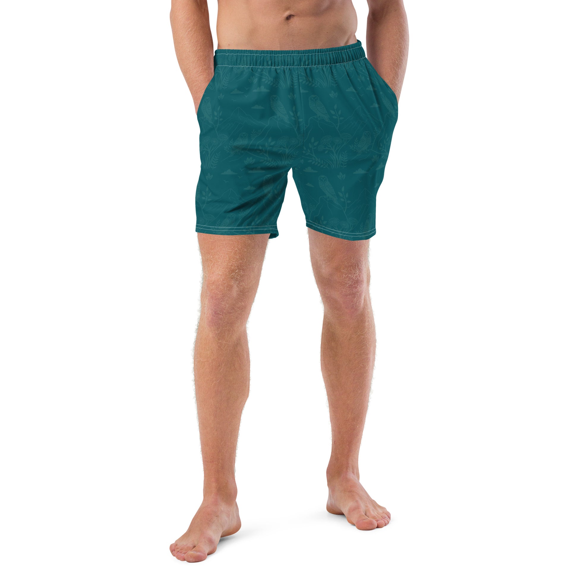 Owl-Themed Recycled Swim Trunks – Eco-Friendly Beachwear for Nature-Loving Men Dudeily