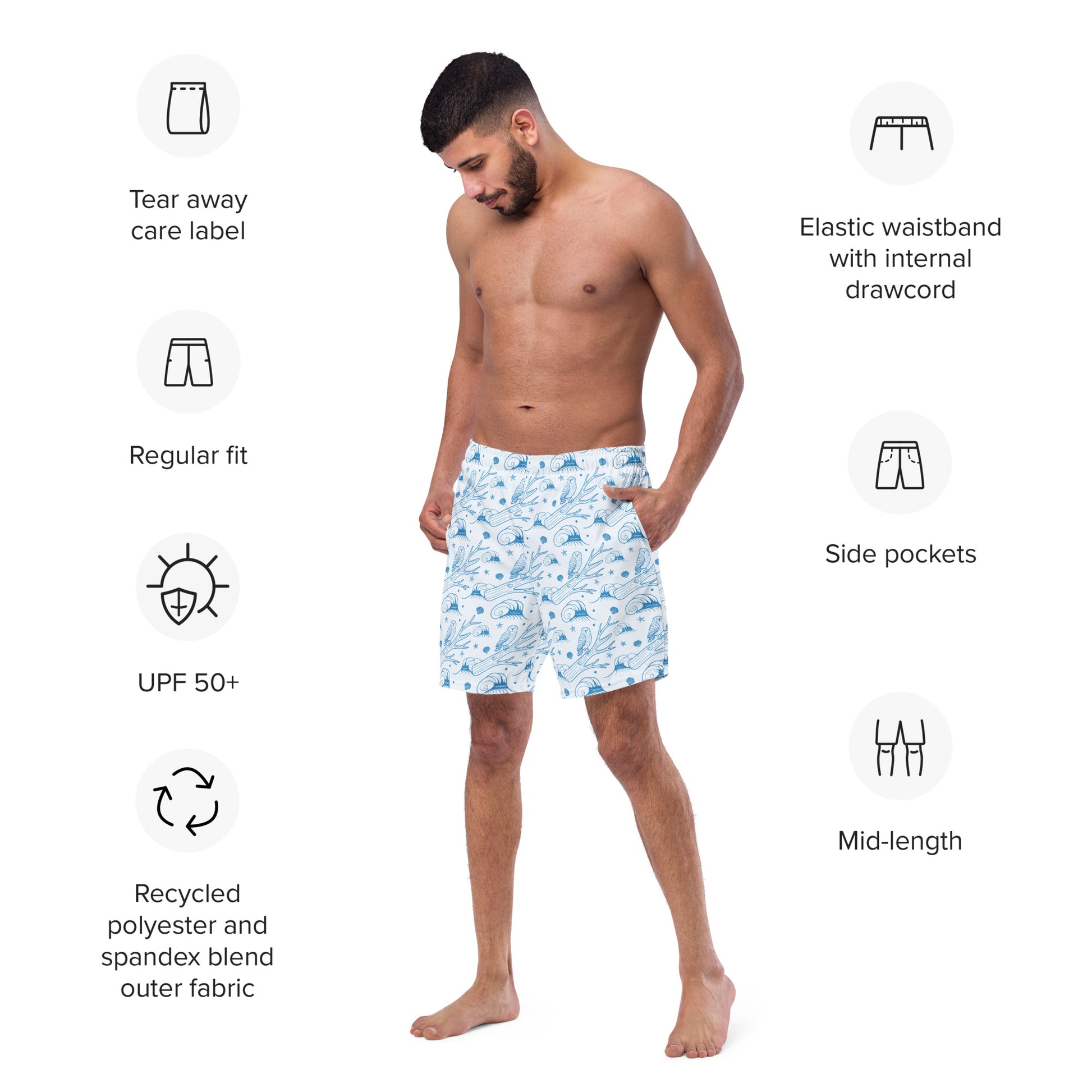 Owl Spirit Recycled Swim Trunks – Sustainable Beachwear for Eco Warriors Dudeily