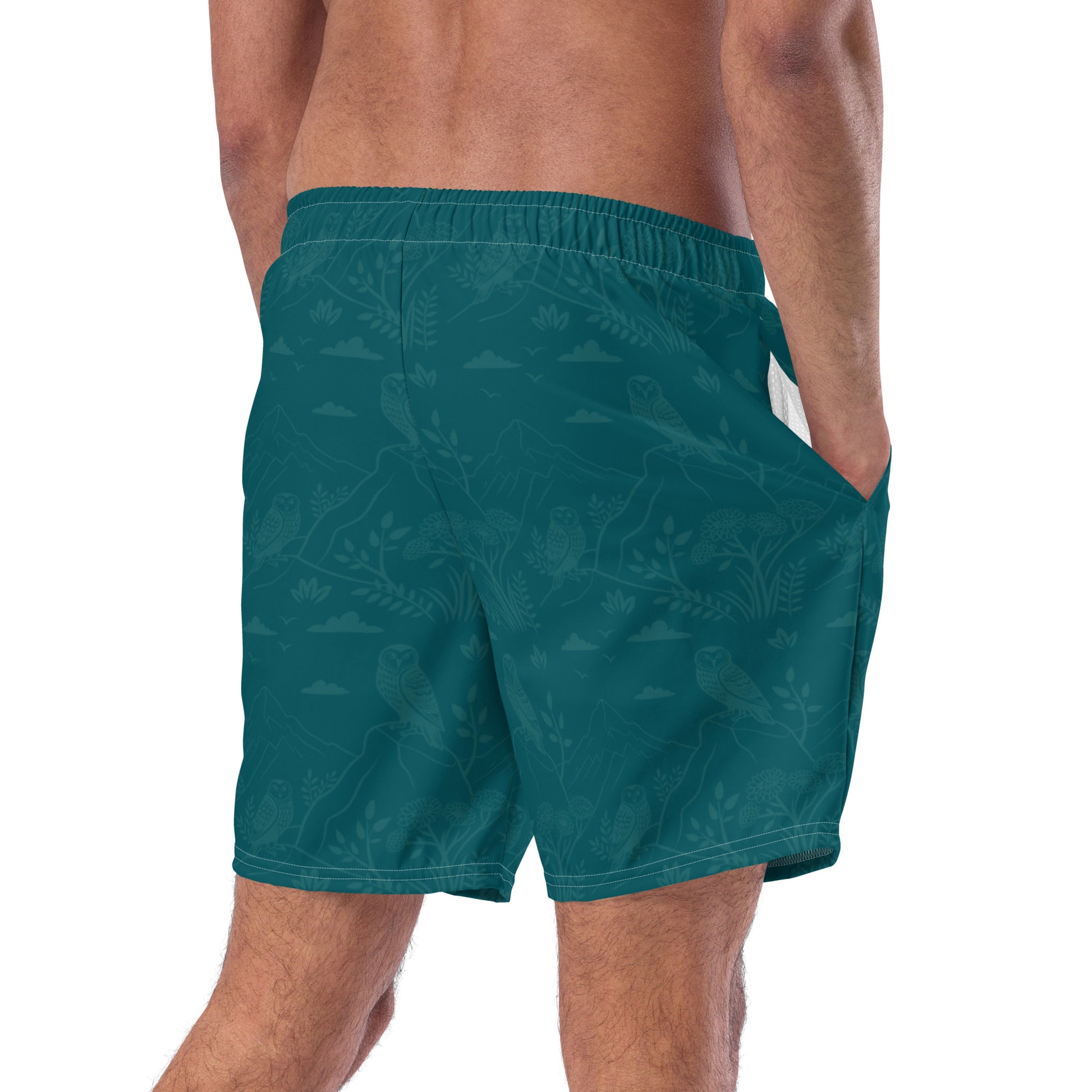 Owl-Themed Recycled Swim Trunks – Eco-Friendly Beachwear for Nature-Loving Men Dudeily