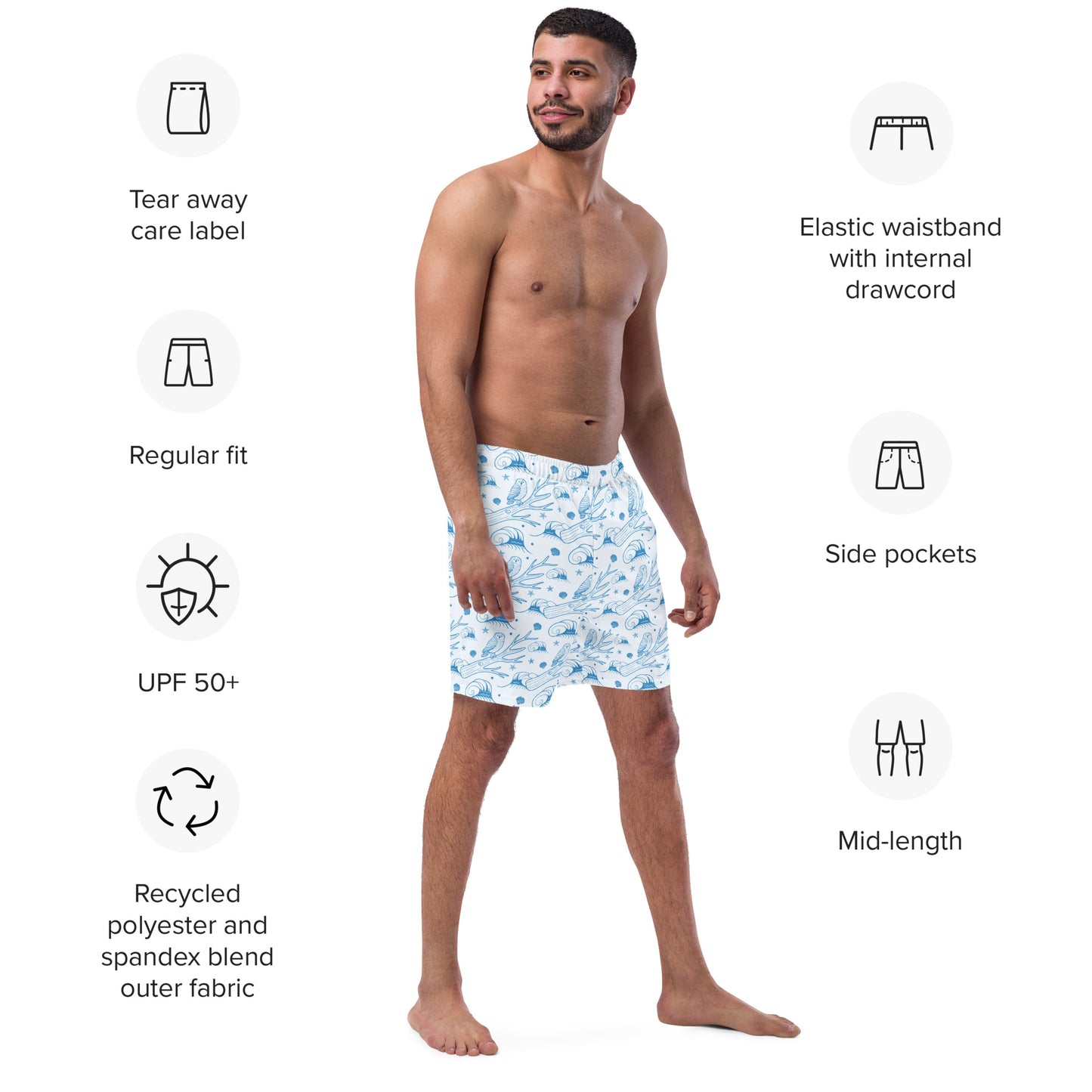 Owl Spirit Recycled Swim Trunks – Sustainable Beachwear for Eco Warriors Dudeily