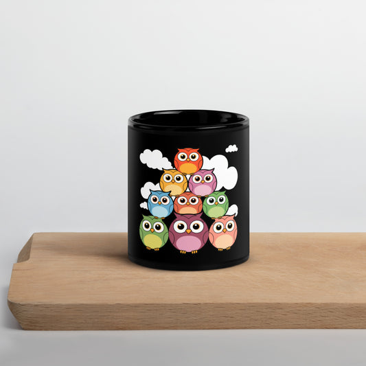 Owl-Themed Black Glossy Mug – Stylish and Durable Coffee Mug