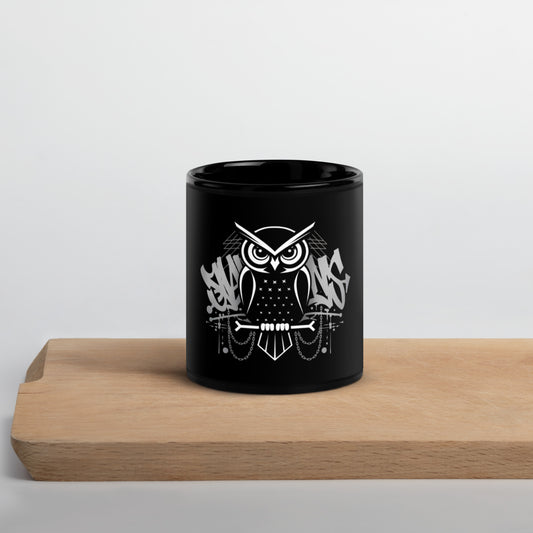 Owl-Themed Black Glossy Mug – Stylish and Durable Coffee Mug