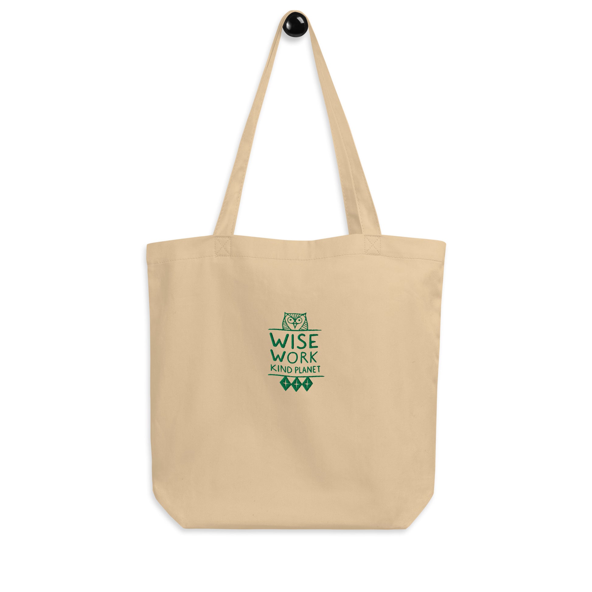 Eco Tote Bag: Wise Work, Kind Planet | Owl Embroidered Sustainable Fashion USA by Dudeily Oyster Dudeily