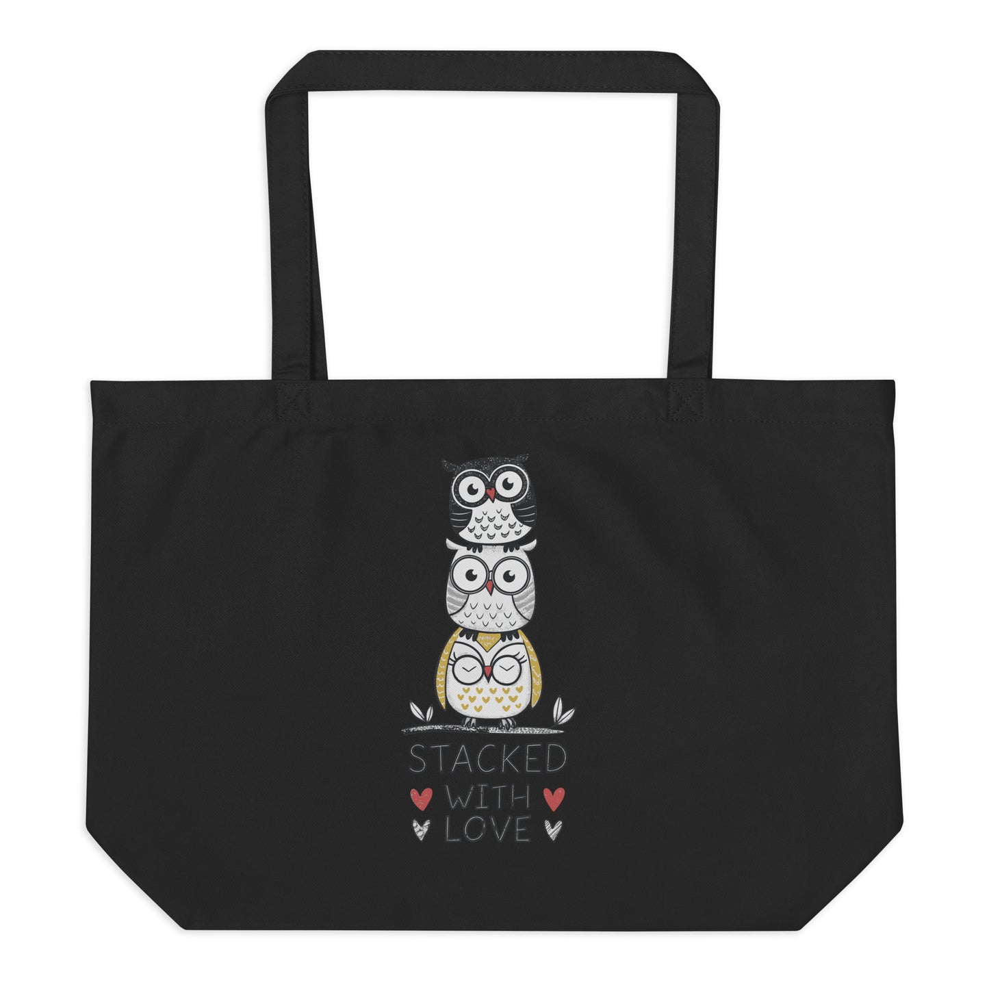 Large Organic Tote Bag: Stacked with Love | Owl-Themed Sustainable Fashion USA by Dudeily Dudeily