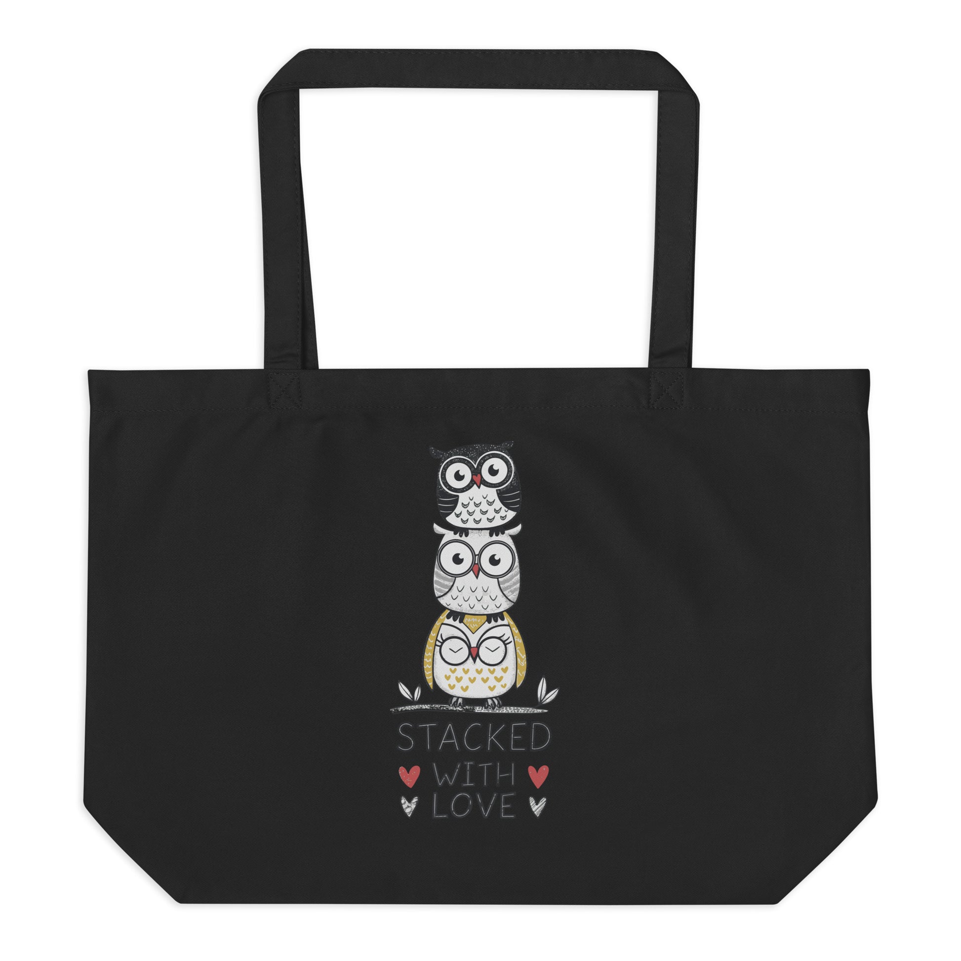 Large Organic Tote Bag: Stacked with Love | Owl-Themed Sustainable Fashion USA by Dudeily Dudeily