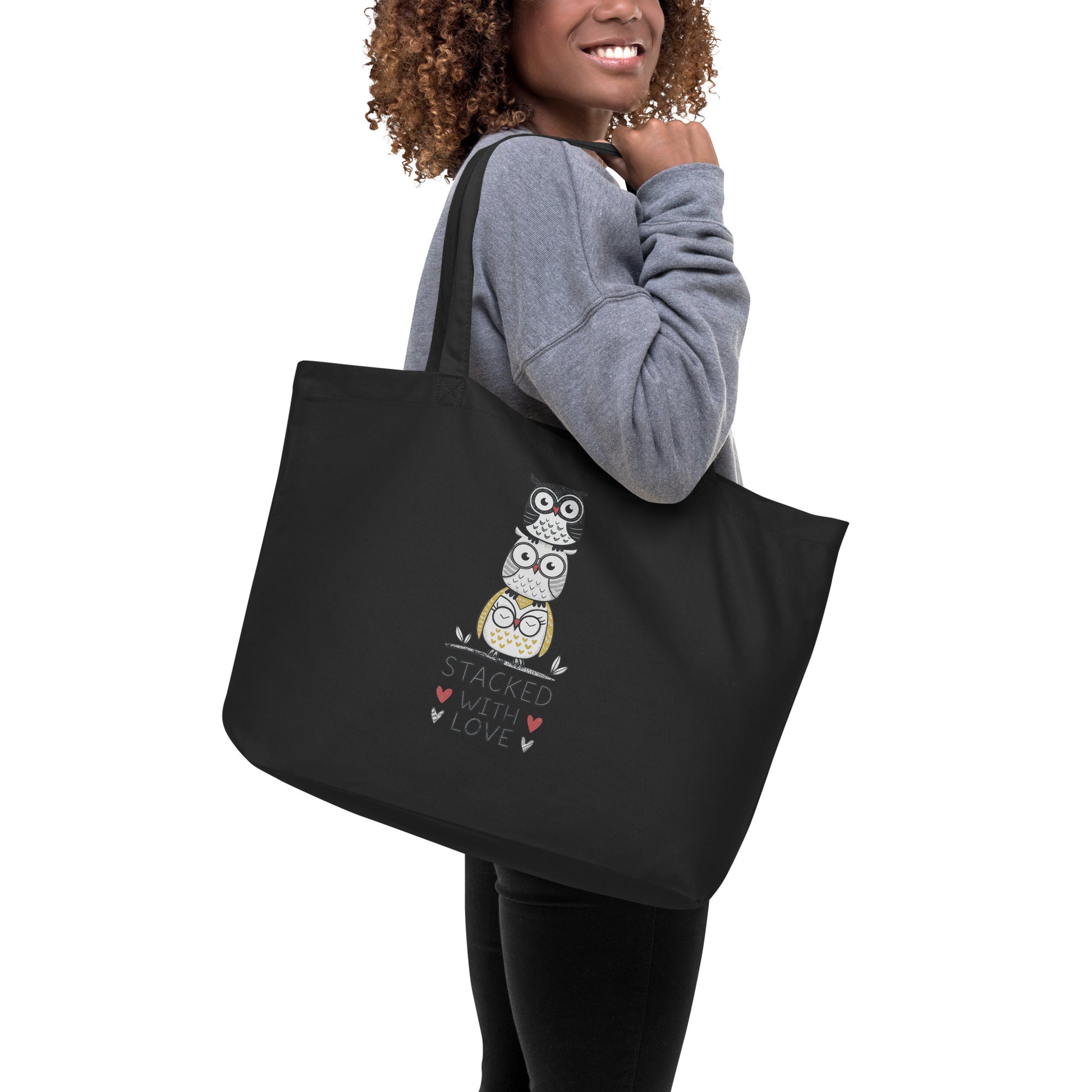 Large Organic Tote Bag: Stacked with Love | Owl-Themed Sustainable Fashion USA by Dudeily Dudeily