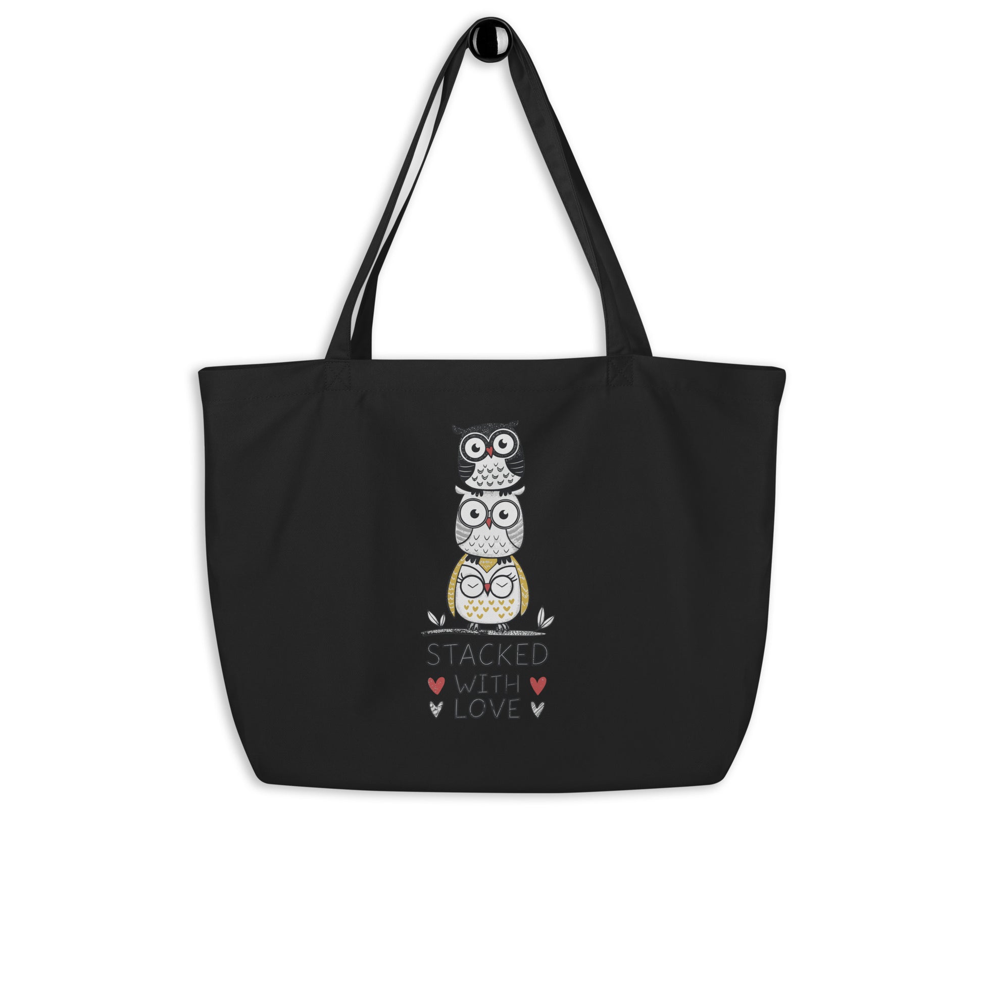 Large Organic Tote Bag: Stacked with Love | Owl-Themed Sustainable Fashion USA by Dudeily Dudeily