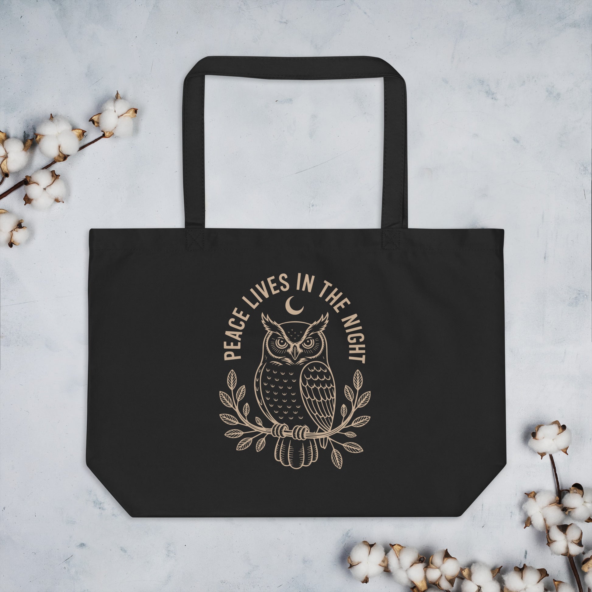 Large Organic Tote Bag: 'Peace in the Night' in Fall | Sustainable Owl Accessories USA Dudeily