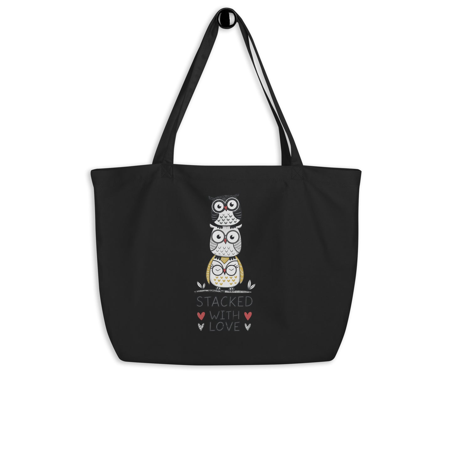 Large Organic Tote Bag: Stacked with Love | Owl-Themed Sustainable Fashion USA by Dudeily Black Dudeily