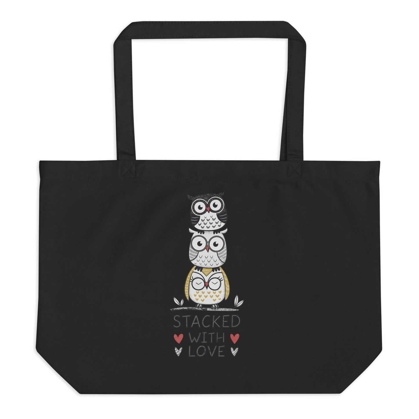 Large Organic Tote Bag: Stacked with Love | Owl-Themed Sustainable Fashion USA by Dudeily Dudeily