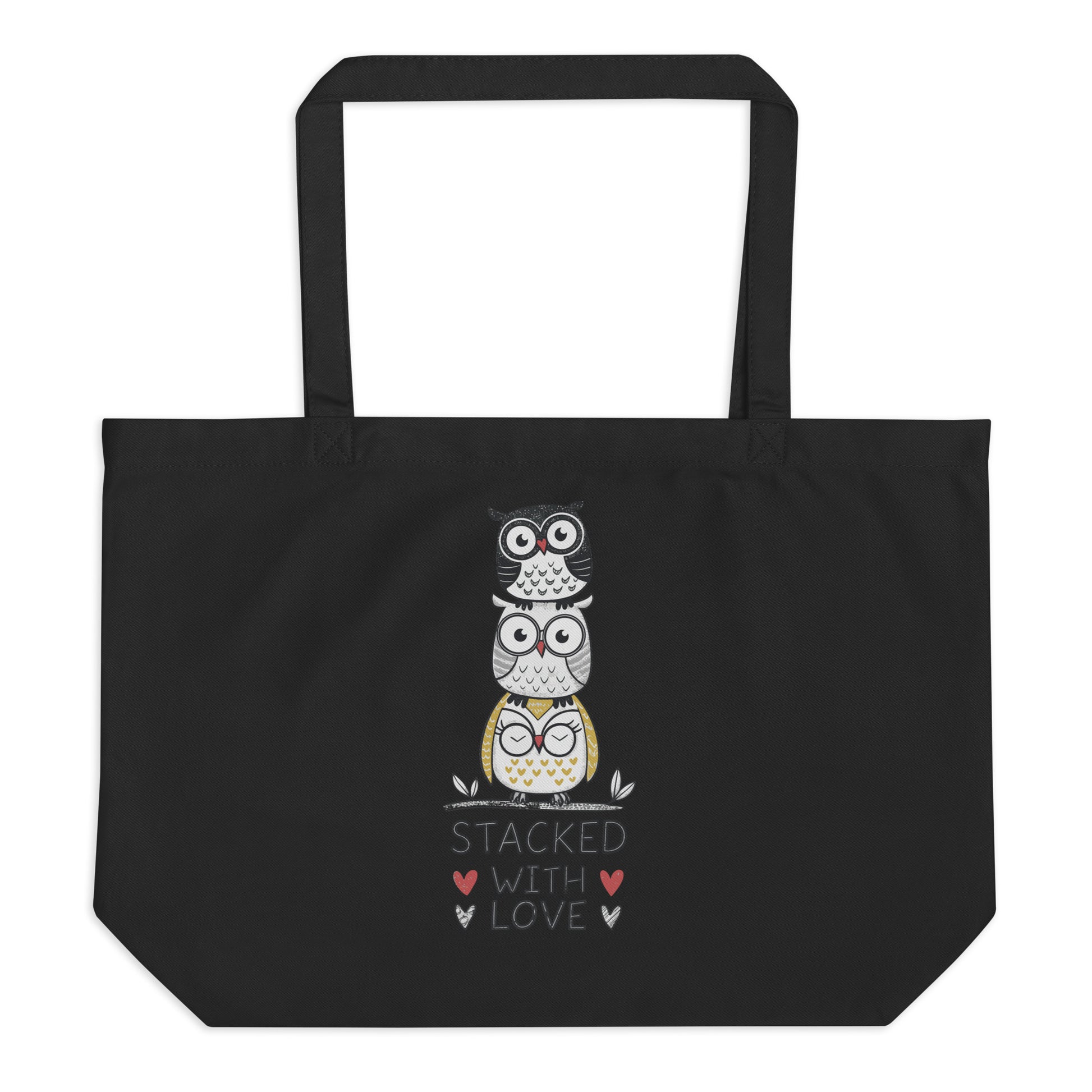 Large Organic Tote Bag: Stacked with Love | Owl-Themed Sustainable Fashion USA by Dudeily Dudeily