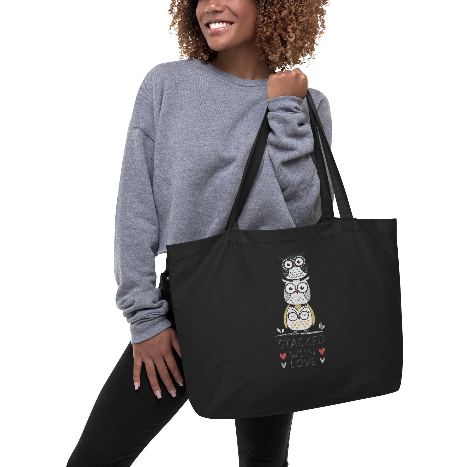 Large Organic Tote Bag: Stacked with Love | Owl-Themed Sustainable Fashion USA by Dudeily Dudeily