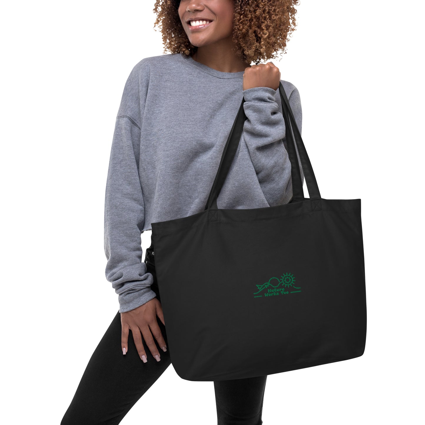 Large Organic Tote Bag: Nature Works Too | Owl Embroidered Eco Tote – Sustainable Fashion USA by Dudeily Dudeily