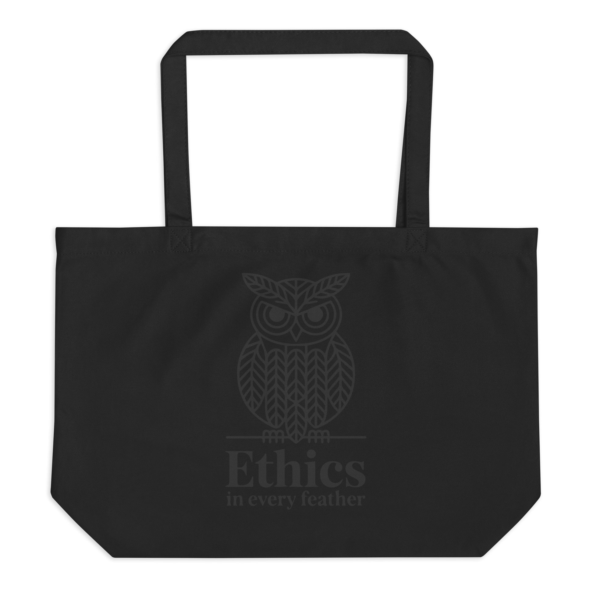 Large Organic Tote Bag: 'Ethics in Every Feather' | Sustainable Owl Accessories USA Dudeily