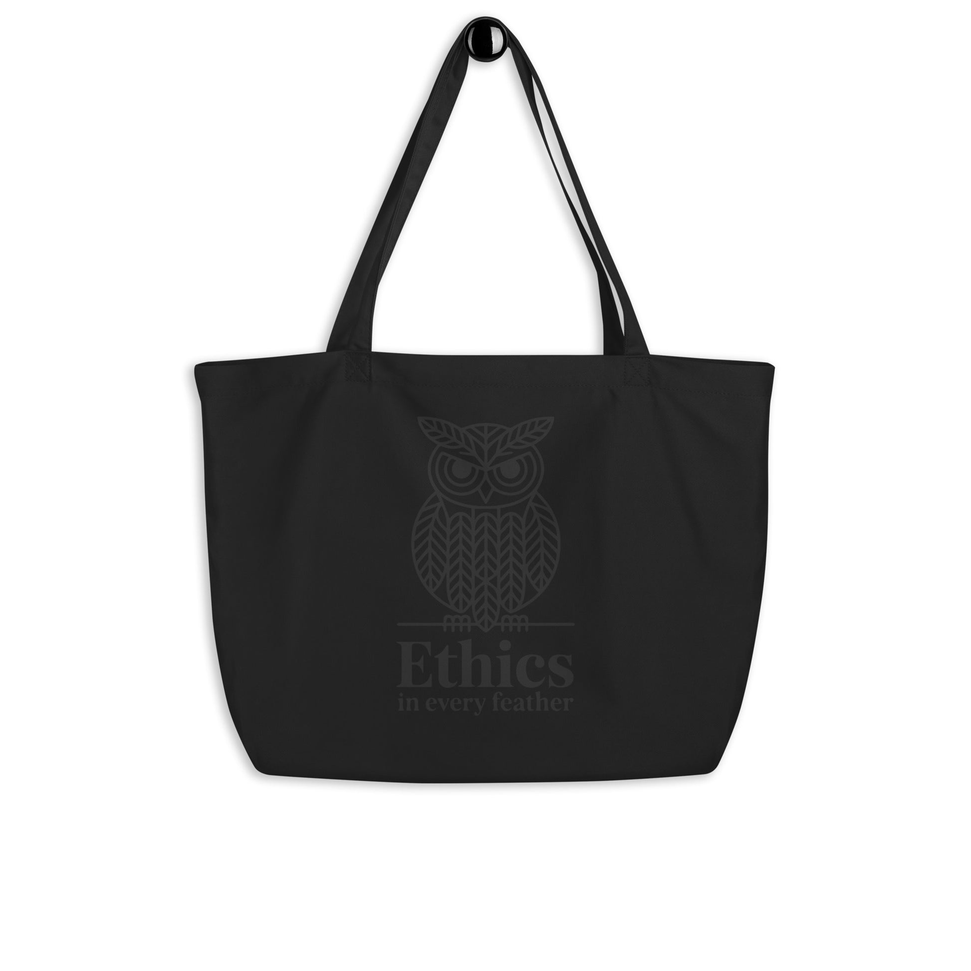 Large Organic Tote Bag: 'Ethics in Every Feather' | Sustainable Owl Accessories USA Black Dudeily