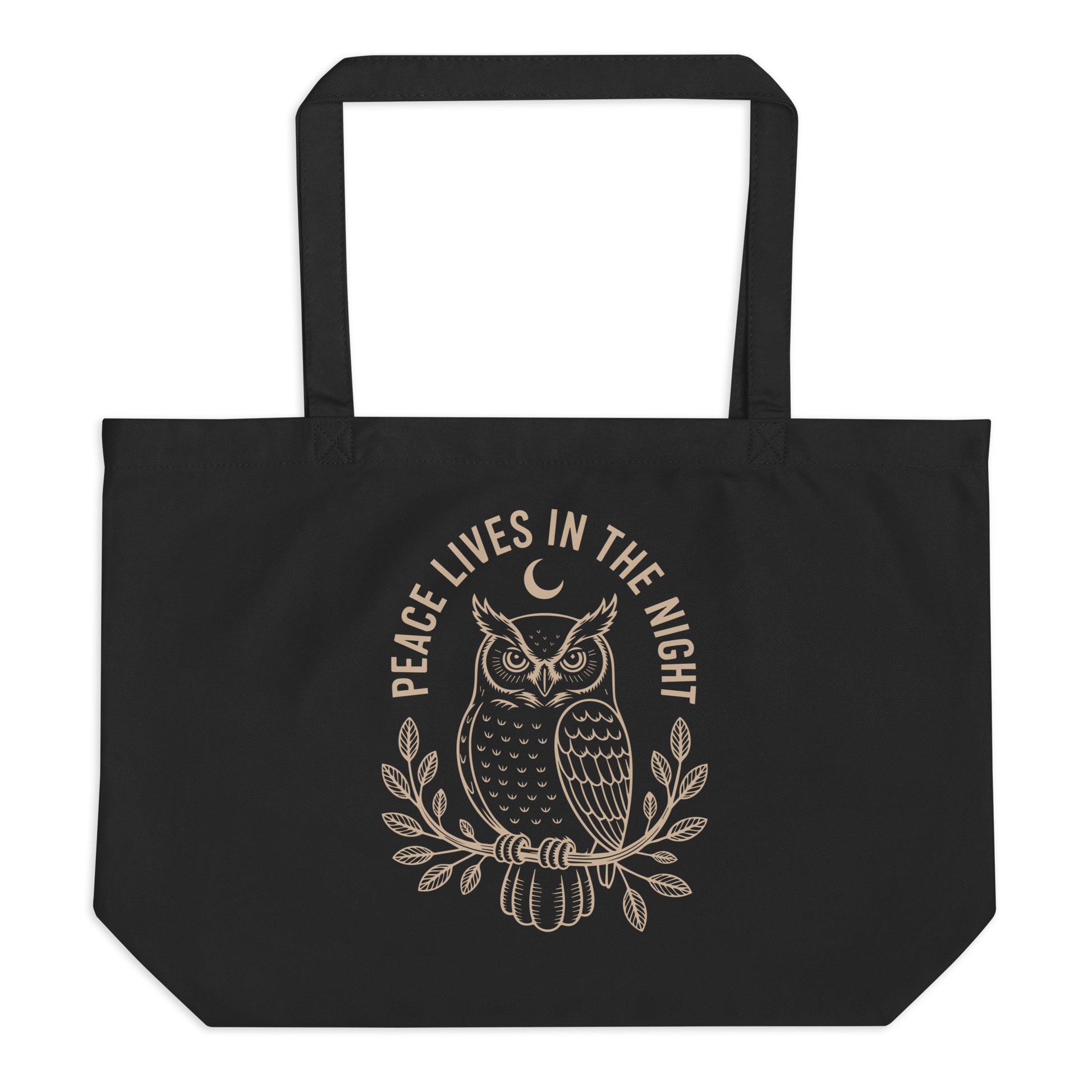 Large Organic Tote Bag: 'Peace in the Night' in Fall | Sustainable Owl Accessories USA Dudeily