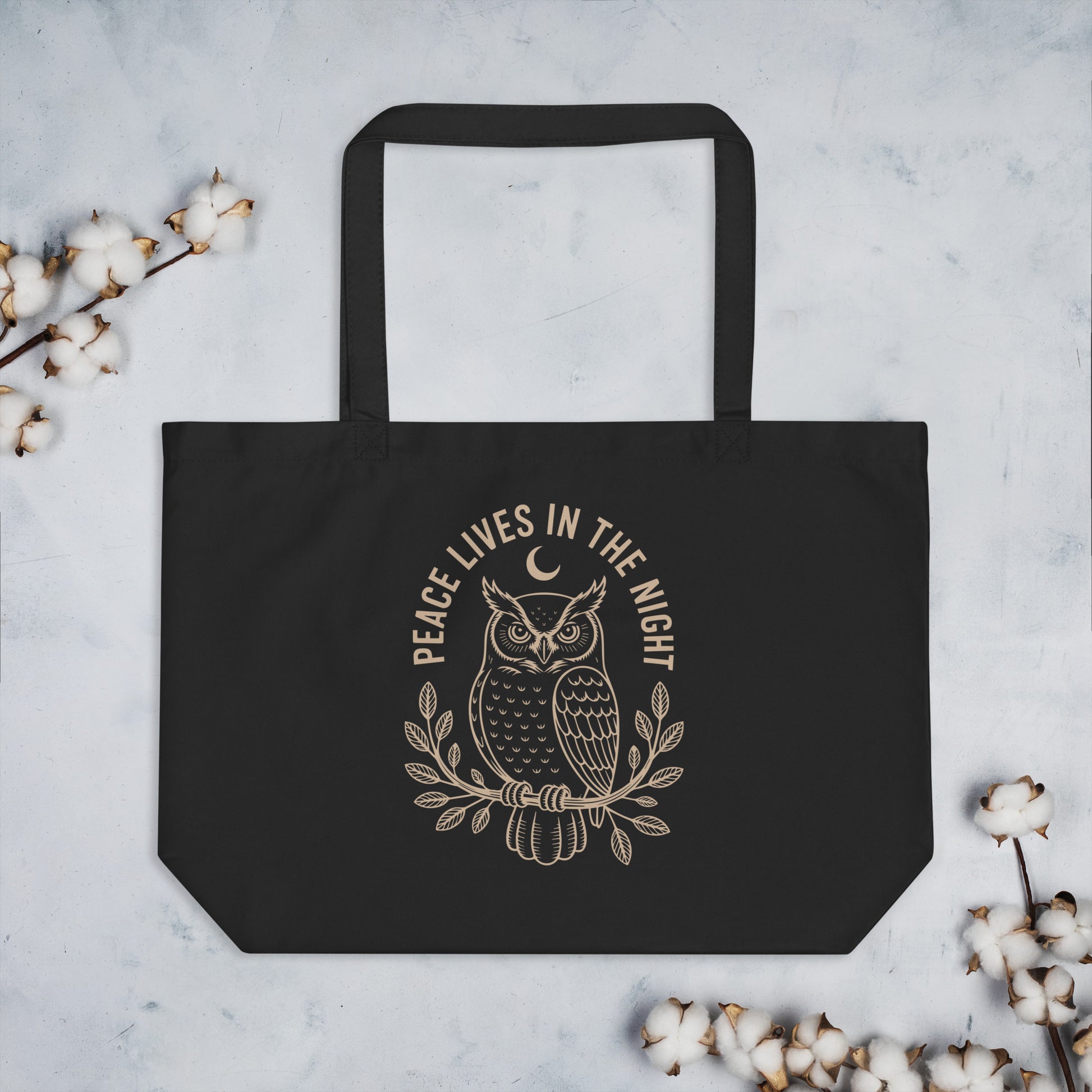 Large Organic Tote Bag: 'Peace in the Night' in Fall | Sustainable Owl Accessories USA Dudeily