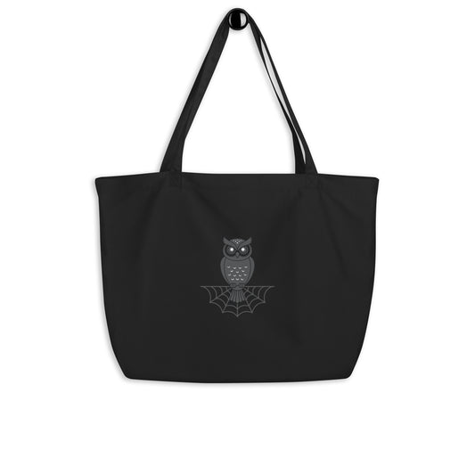 Large Organic Tote Bag: Halloween Owl Eco-Friendly Style USA Black Dudeily