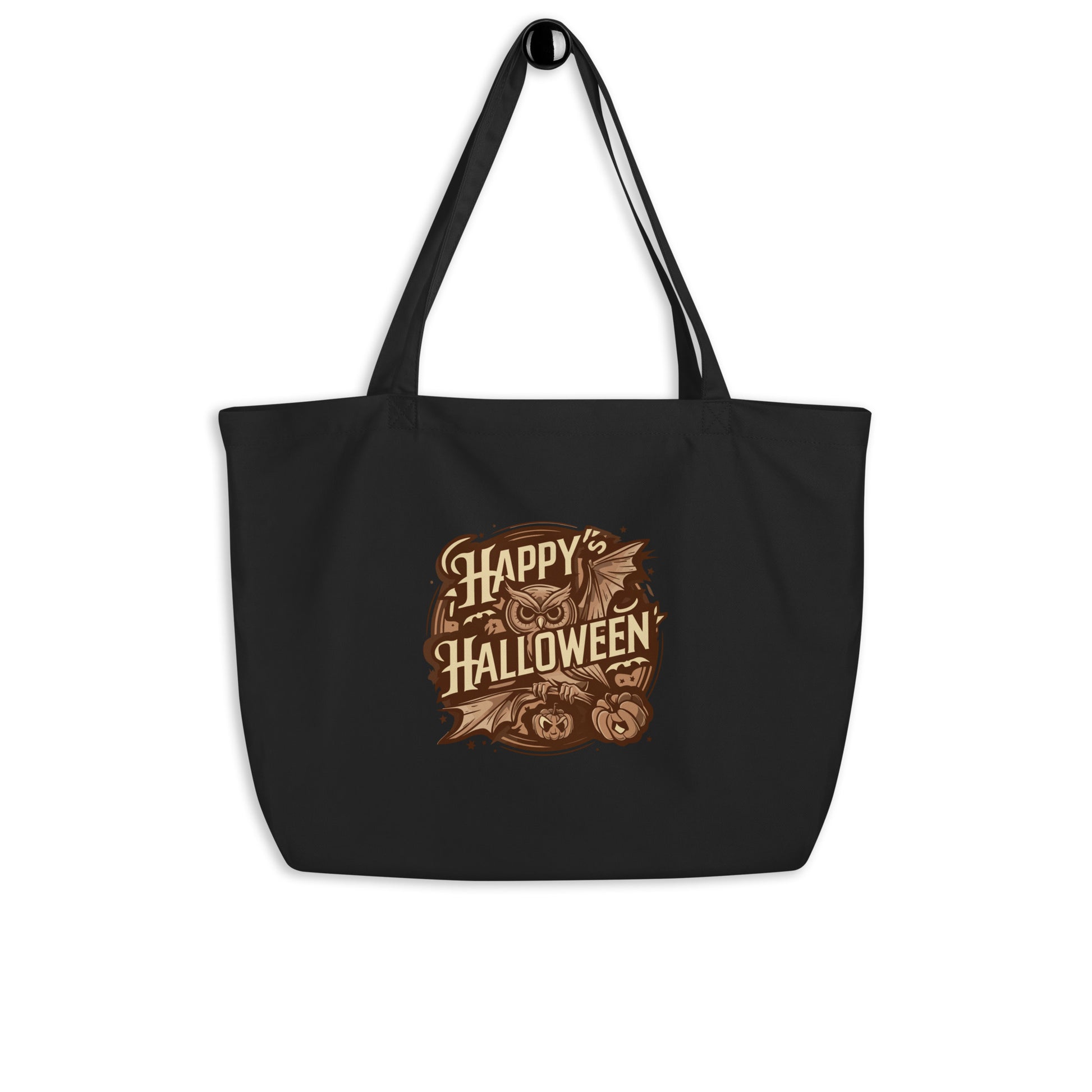 Large Organic Tote Bag: Halloween Owl Eco-Friendly Sustainable USA Black Dudeily