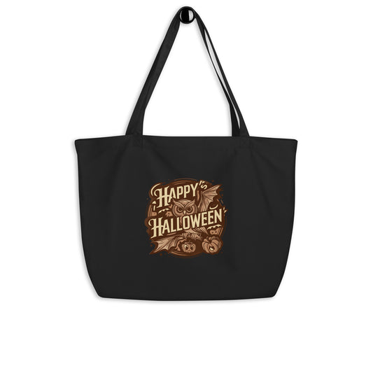 Large Organic Tote Bag: Halloween Owl Eco-Friendly Sustainable USA Black Dudeily