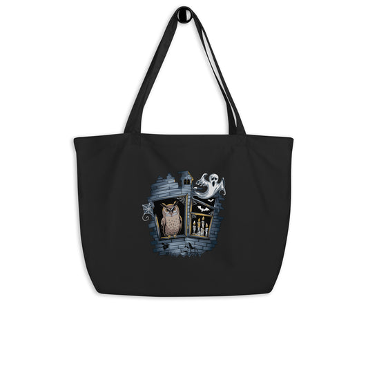 Large Organic Tote Bag: Halloween Owl Eco-Friendly Sustainable USA Black Dudeily
