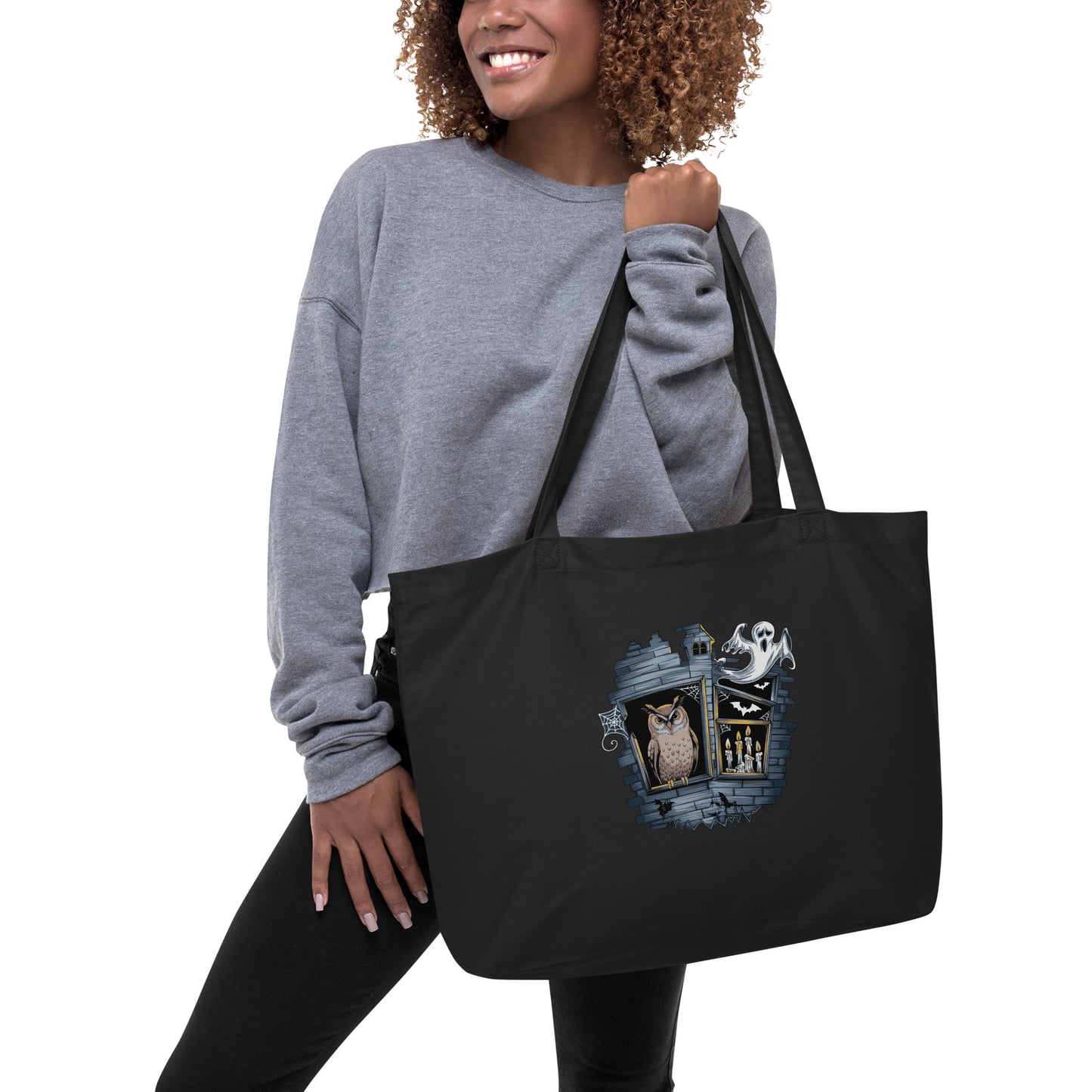 Large Organic Tote Bag: Halloween Owl Eco-Friendly Sustainable USA Dudeily