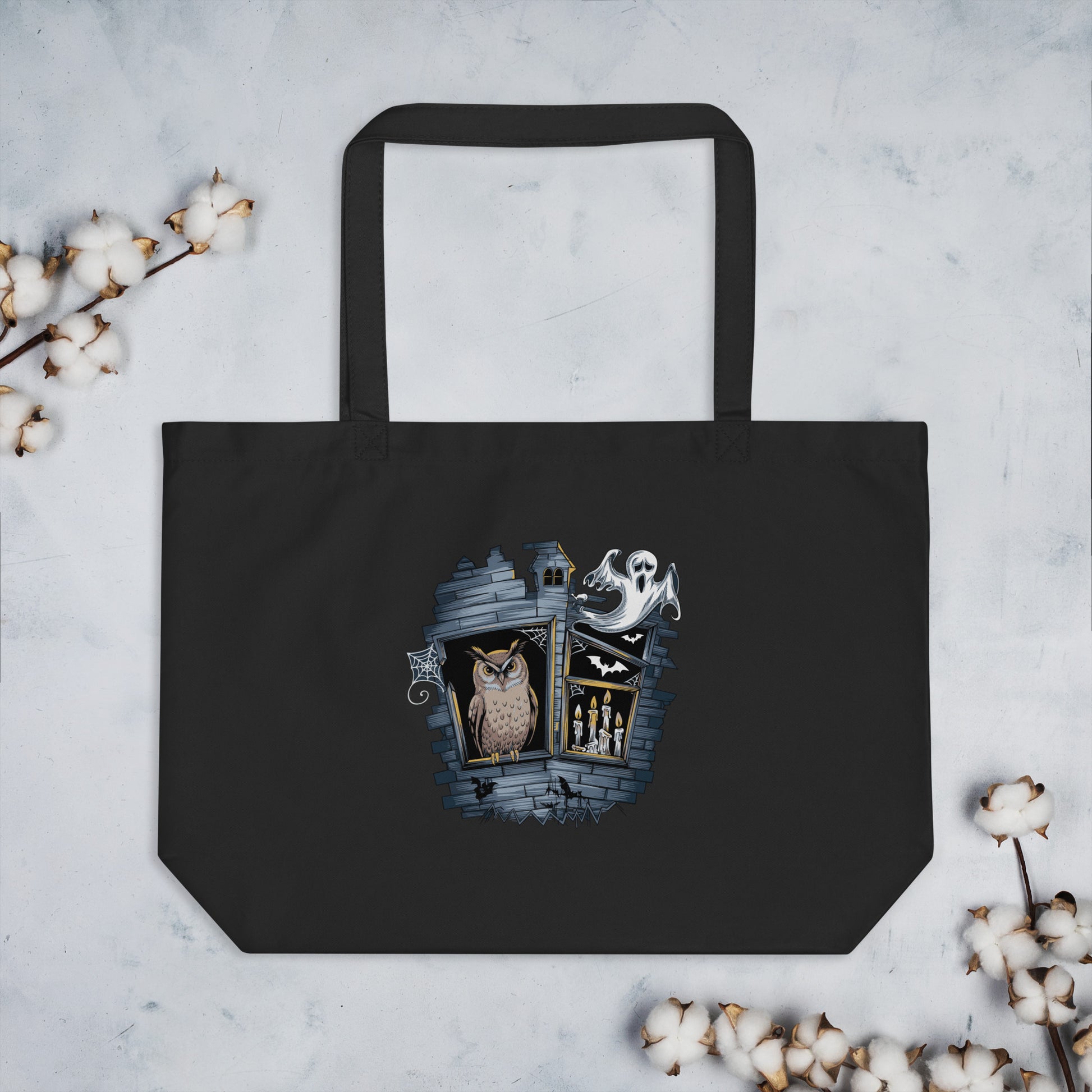 Large Organic Tote Bag: Halloween Owl Eco-Friendly Sustainable USA Dudeily