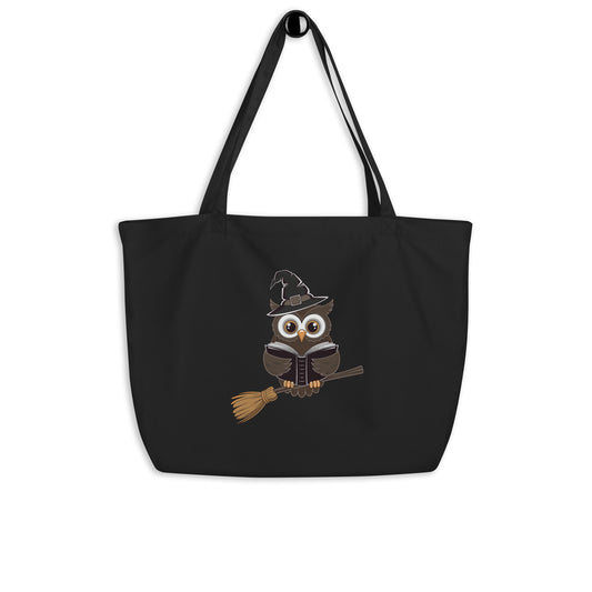 Large Organic Tote Bag: Halloween Owl Eco-Friendly Fall Fashion USA Black Dudeily