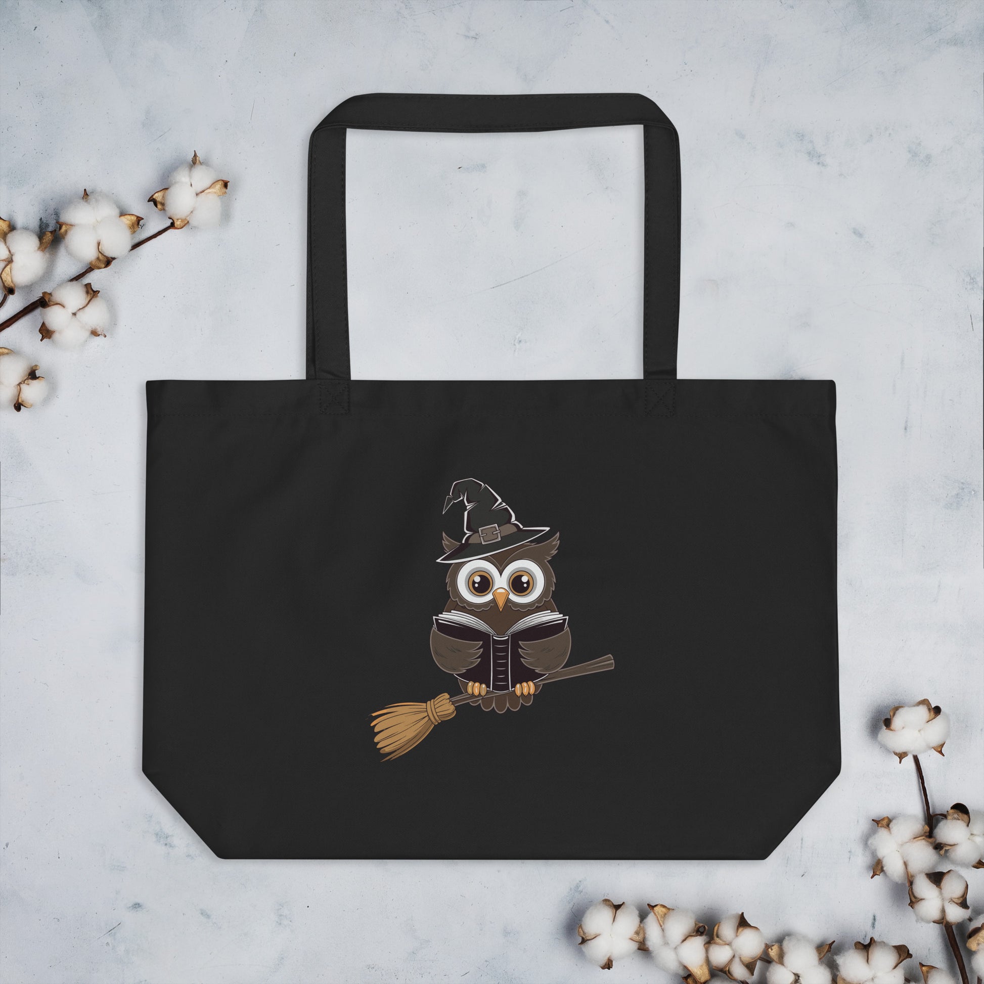 Large Organic Tote Bag: Halloween Owl Eco-Friendly Fall Fashion USA Dudeily