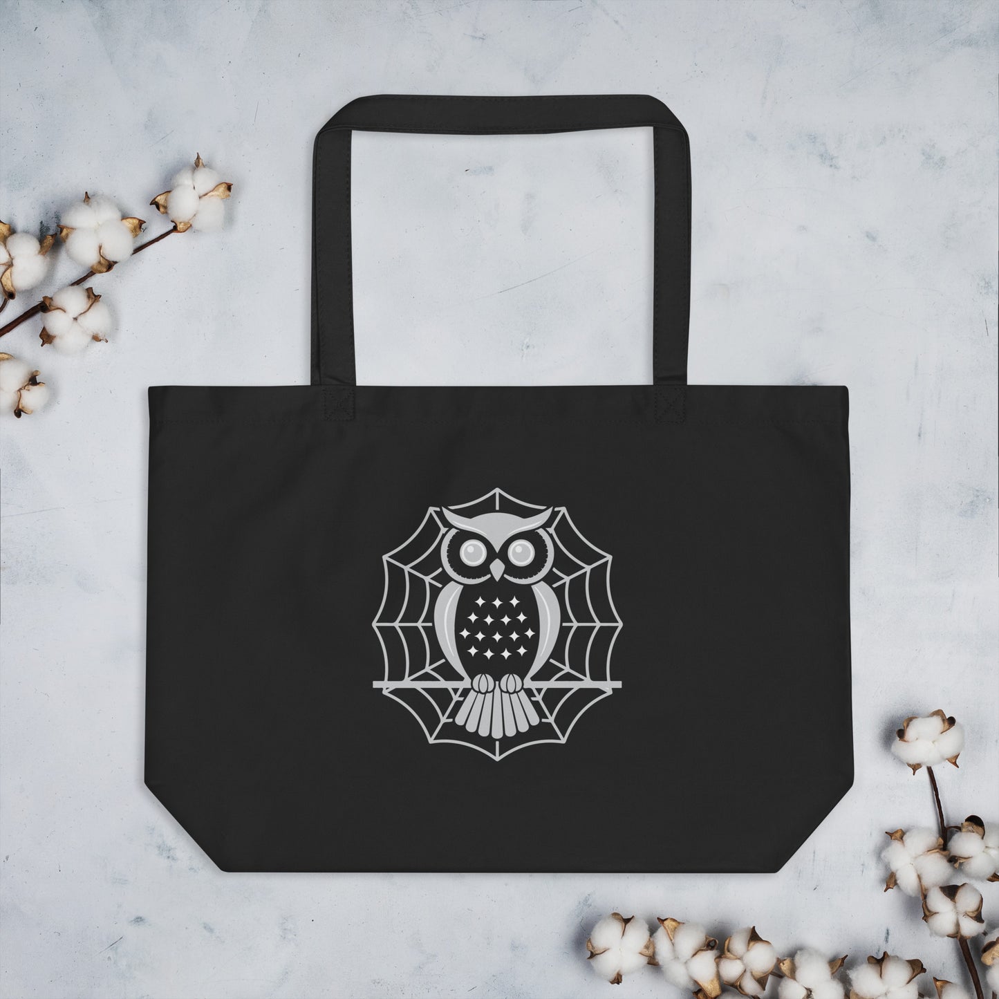 Large Organic Tote Bag: Halloween Owl Eco-Friendly Sustainable USA Dudeily