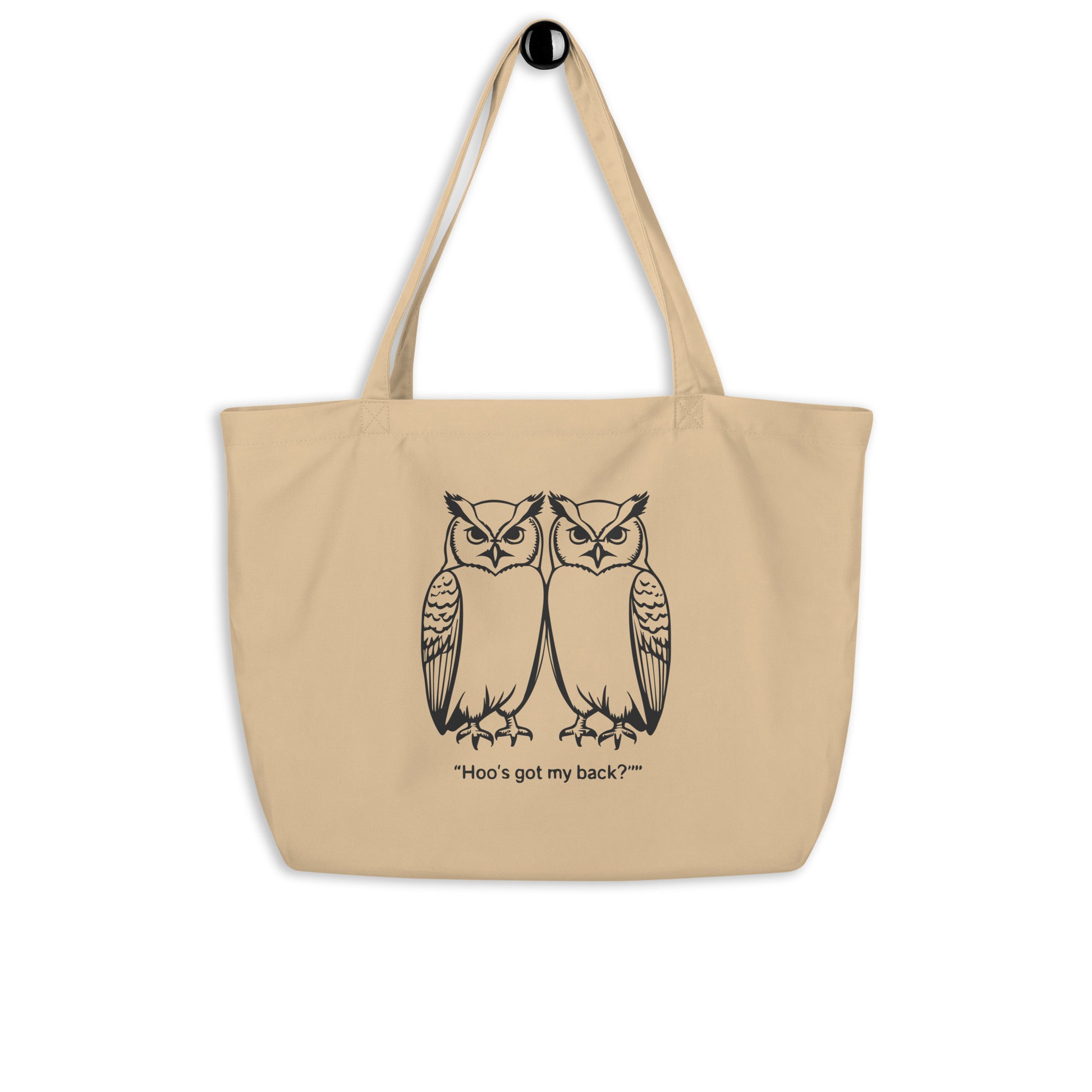 Large Organic Tote Bag: Hoo’s Got My Back? | Owl-Themed Sustainable Fashion USA by Dudeily Dudeily