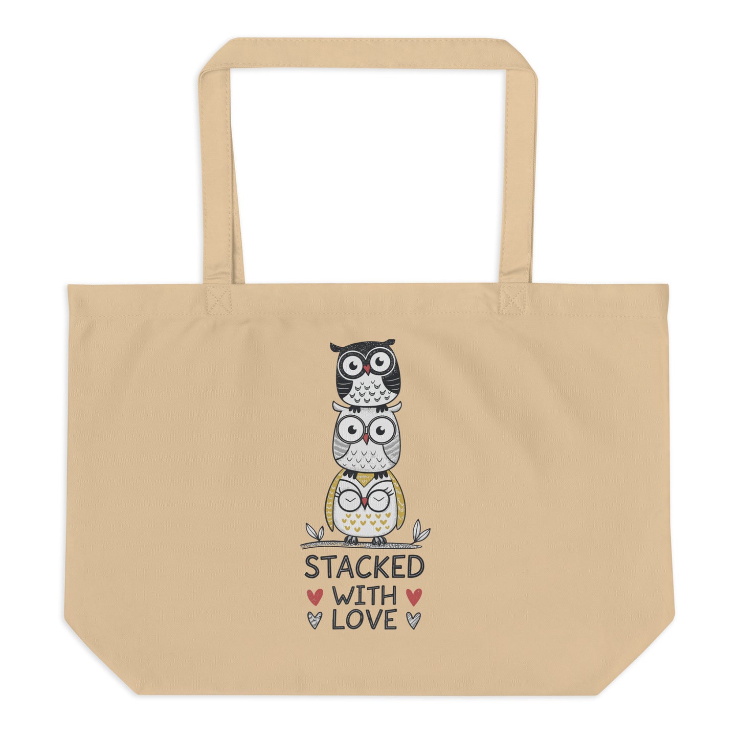 Large Organic Tote Bag: Stacked with Love | Owl-Themed Sustainable Fashion USA by Dudeily Dudeily