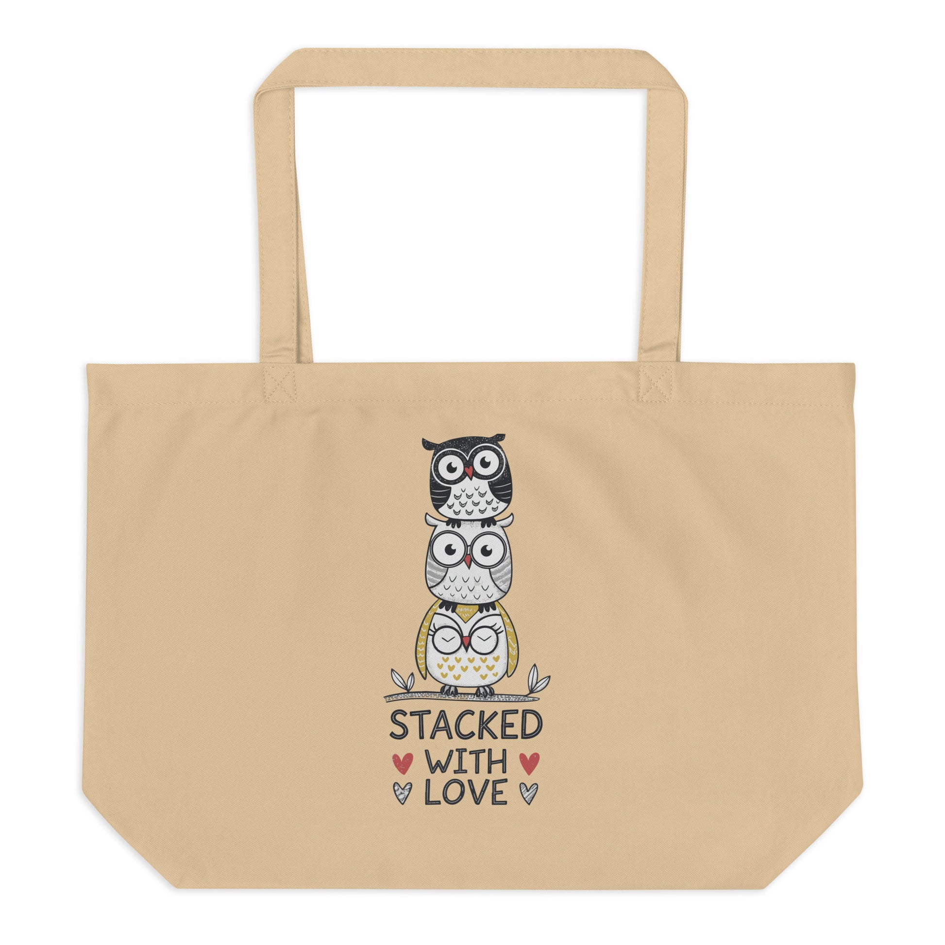Large Organic Tote Bag: Stacked with Love | Owl-Themed Sustainable Fashion USA by Dudeily Dudeily