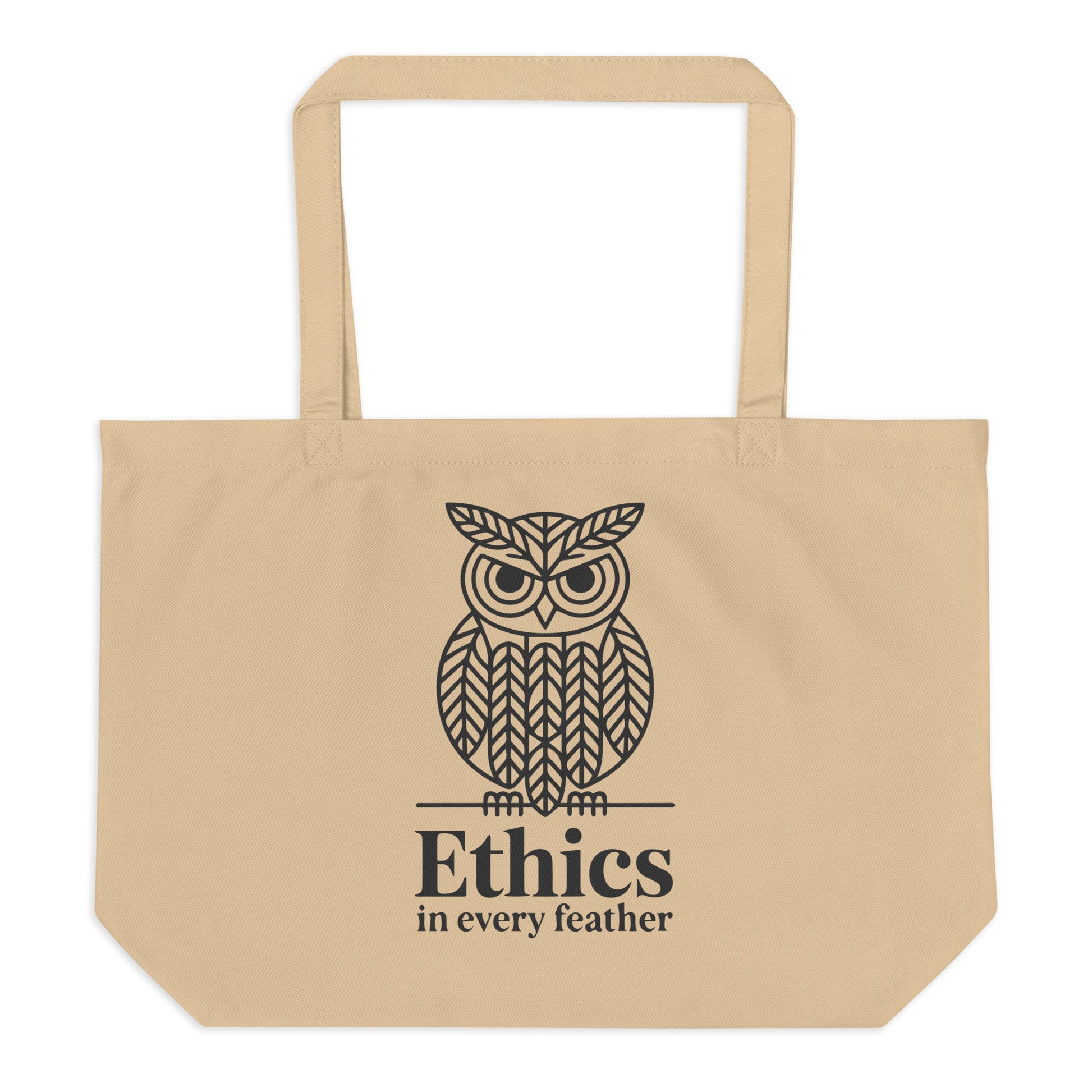 Large Organic Tote Bag: 'Ethics in Every Feather' | Sustainable Owl Accessories USA Dudeily