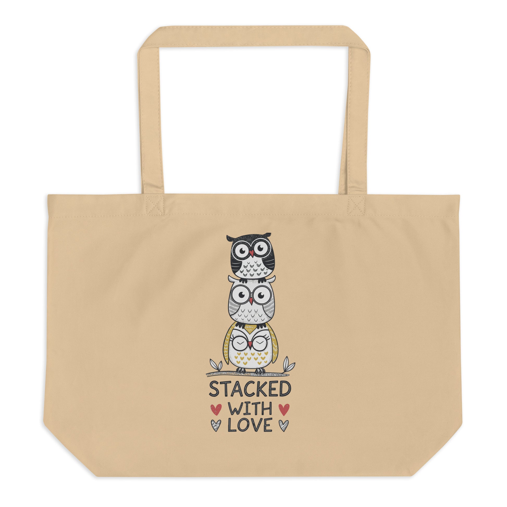 Large Organic Tote Bag: Stacked with Love | Owl-Themed Sustainable Fashion USA by Dudeily Dudeily
