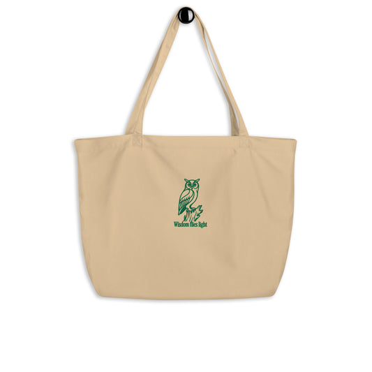 Owl Large Organic Tote Bag: 'Wisdom Flies Light' in Fall | Sustainable Fashion USA Oyster Dudeily