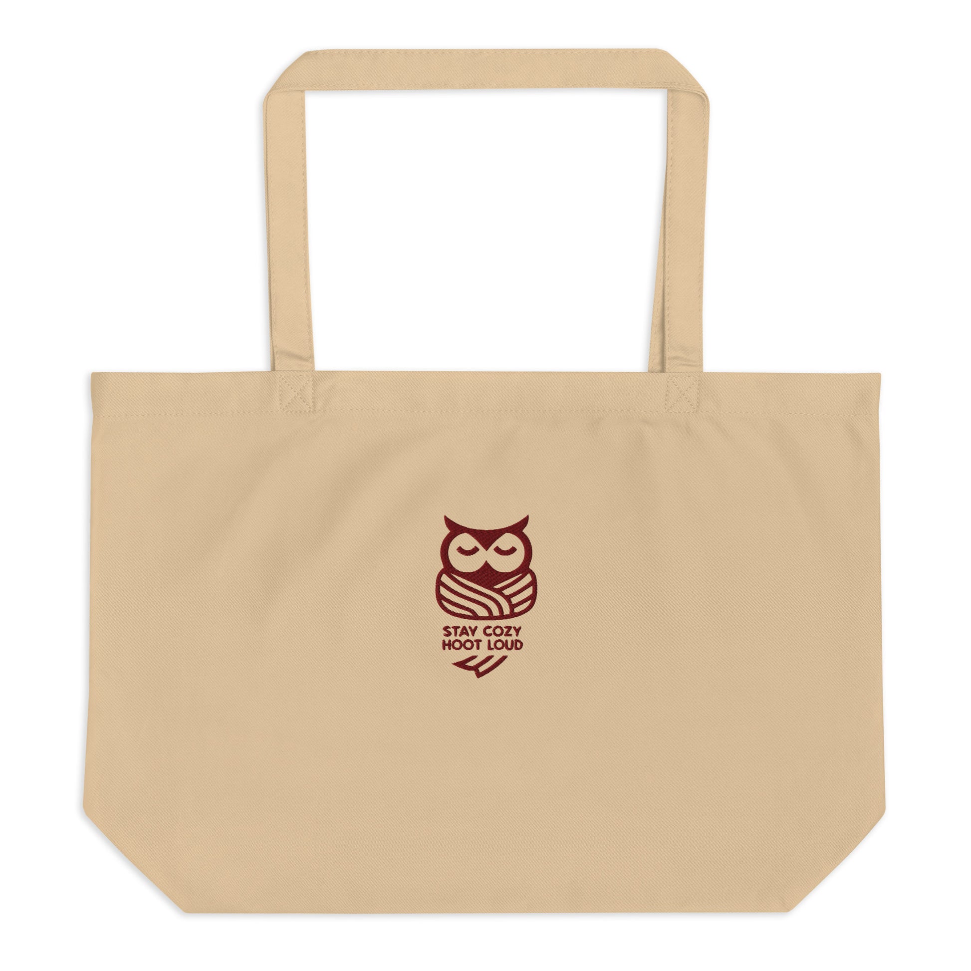 Owl Large Organic Tote Bag: 'Stay Cozy Hoot Loud' in Fall | Sustainable Fashion USA Dudeily