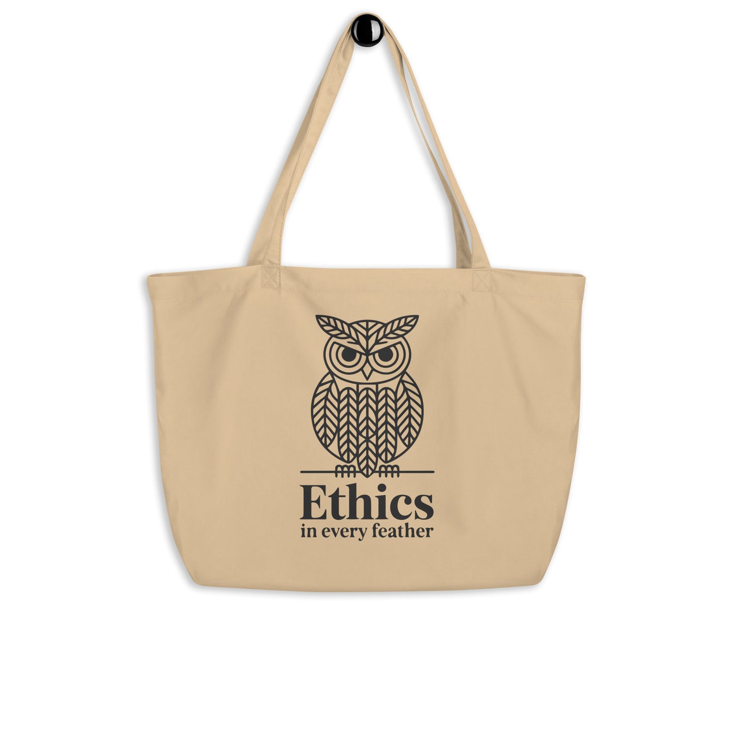 Large Organic Tote Bag: 'Ethics in Every Feather' | Sustainable Owl Accessories USA Oyster Dudeily
