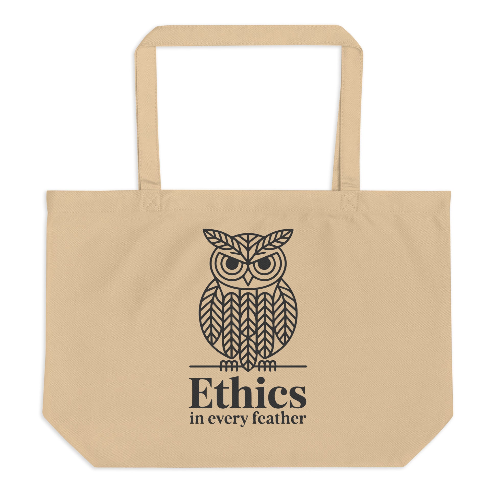 Large Organic Tote Bag: 'Ethics in Every Feather' | Sustainable Owl Accessories USA Dudeily
