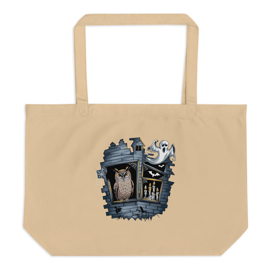 Large Organic Tote Bag: Halloween Owl Eco-Friendly Sustainable USA Dudeily