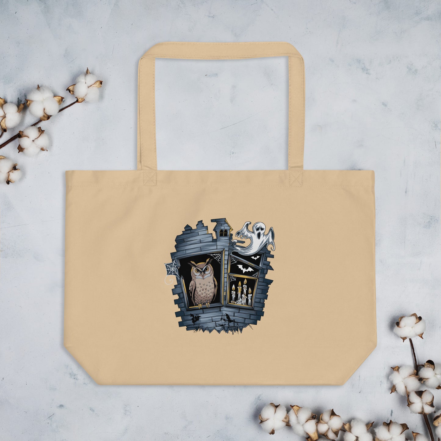 Large Organic Tote Bag: Halloween Owl Eco-Friendly Sustainable USA Dudeily