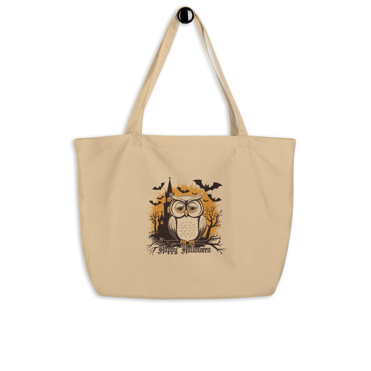 Large Organic Tote Bag: Halloween Owl Eco-Friendly Sustainable USA Oyster Dudeily